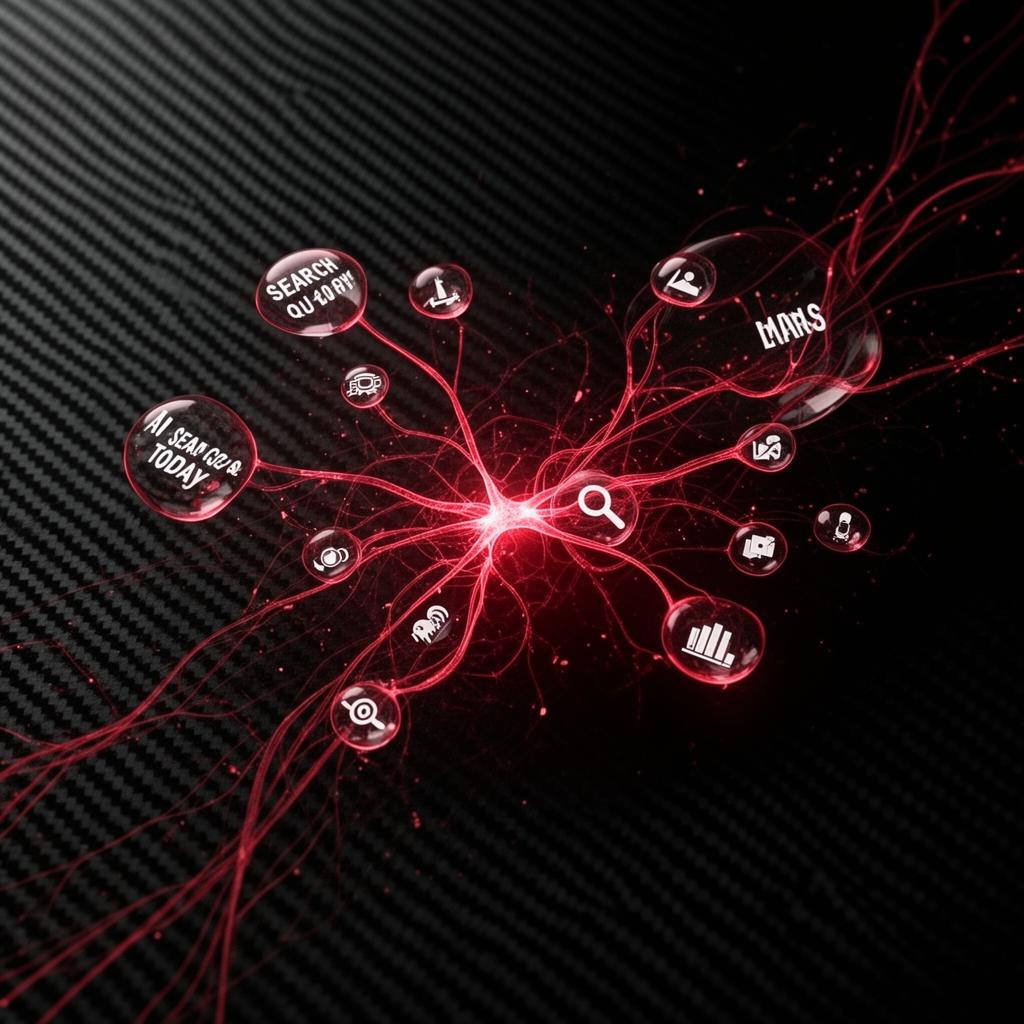 Abstract crimson neural network on carbon-fiber background representing AI search