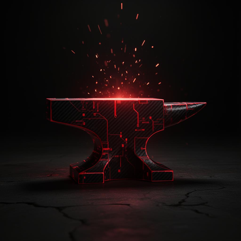 Carbon-fiber anvil with crimson circuit detailing and sparks