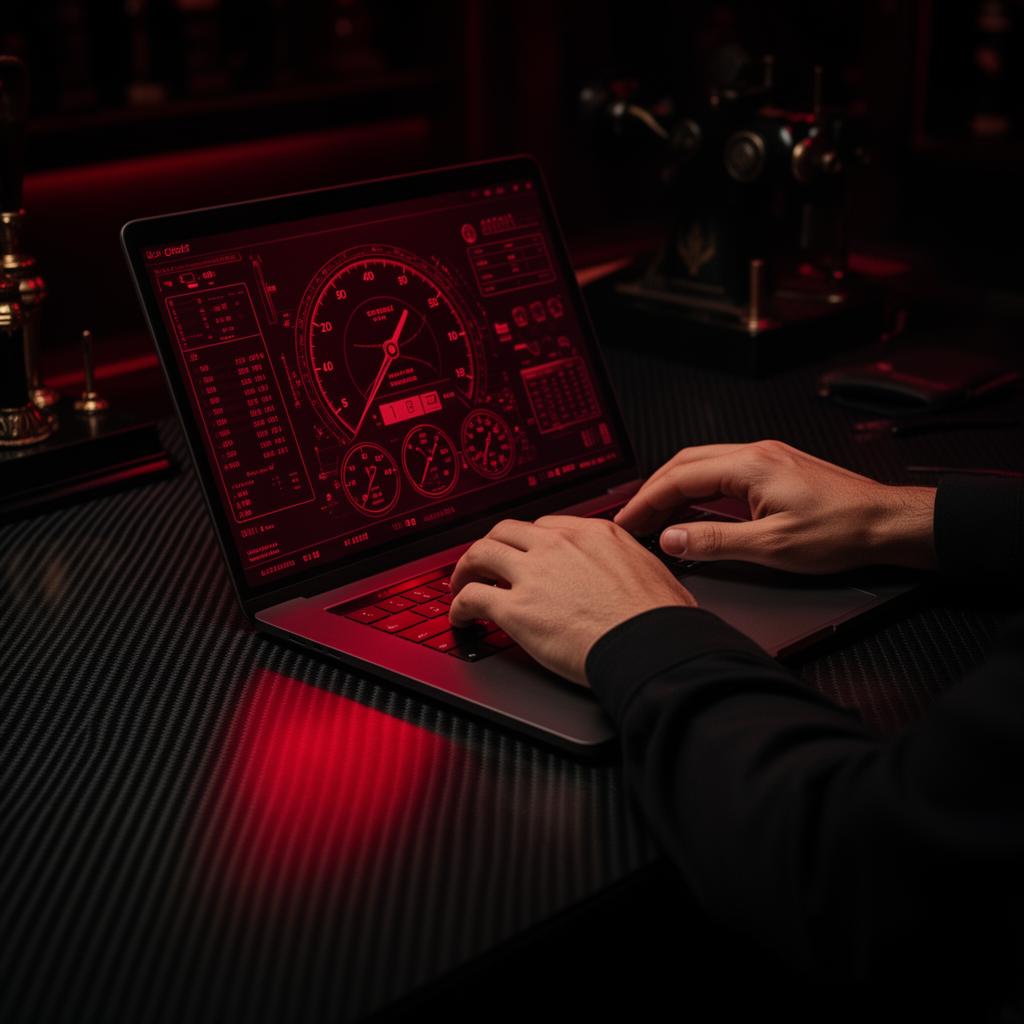 Hands on a laptop with a crimson dashboard on a carbon-fiber desk